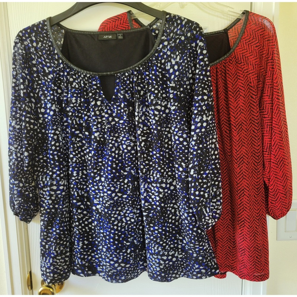 APT.9 Tops Size 1X Lot Of 2 Black Blue Red 3/4 Balloon Sleeve Keyhole Neck Lined